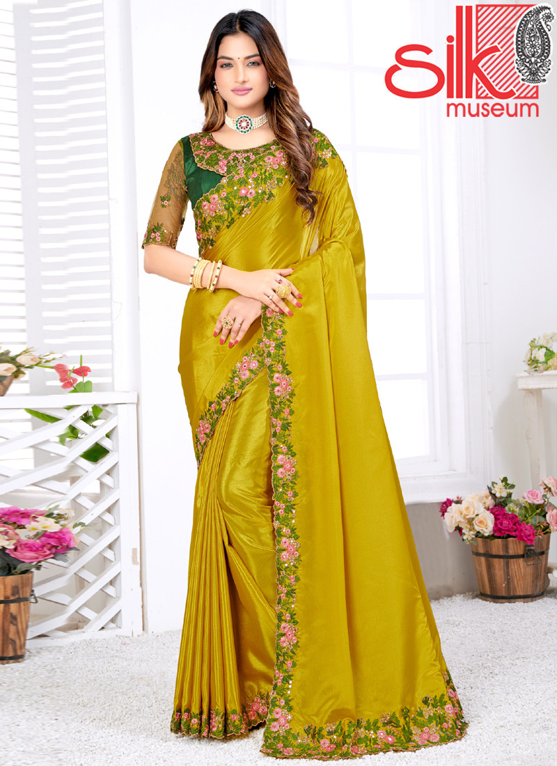 Yellow Silk Crap Saree With Weaving Zari & Embroidery Work