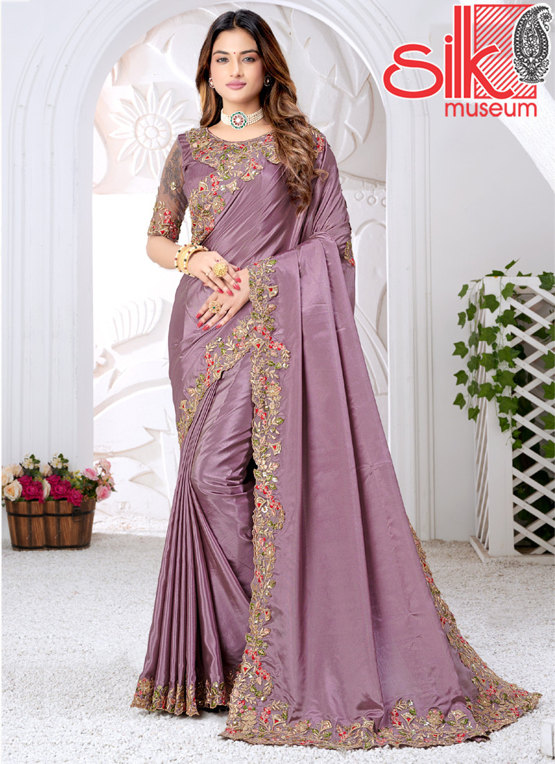 15001 Violet Silk Crap Saree With Weaving Zari & Embroidery Work