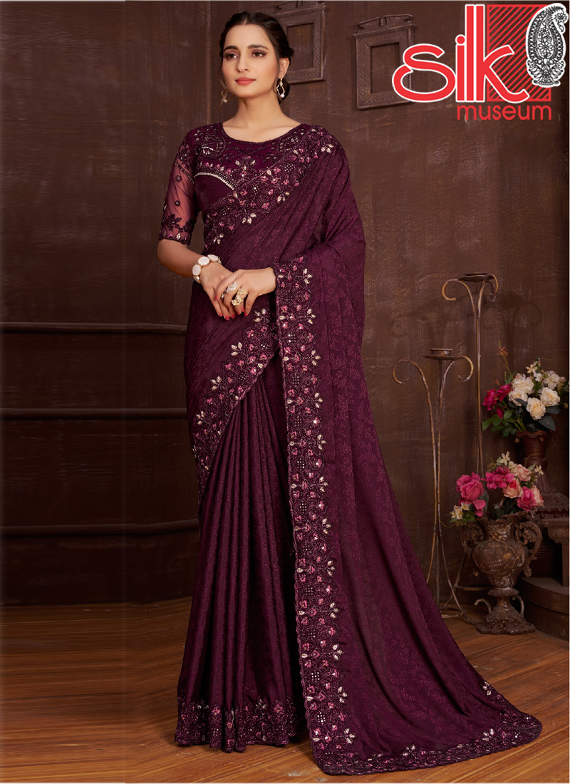 15005 Wine Chinon Saree Jacquard Self Design With Embroidery Work