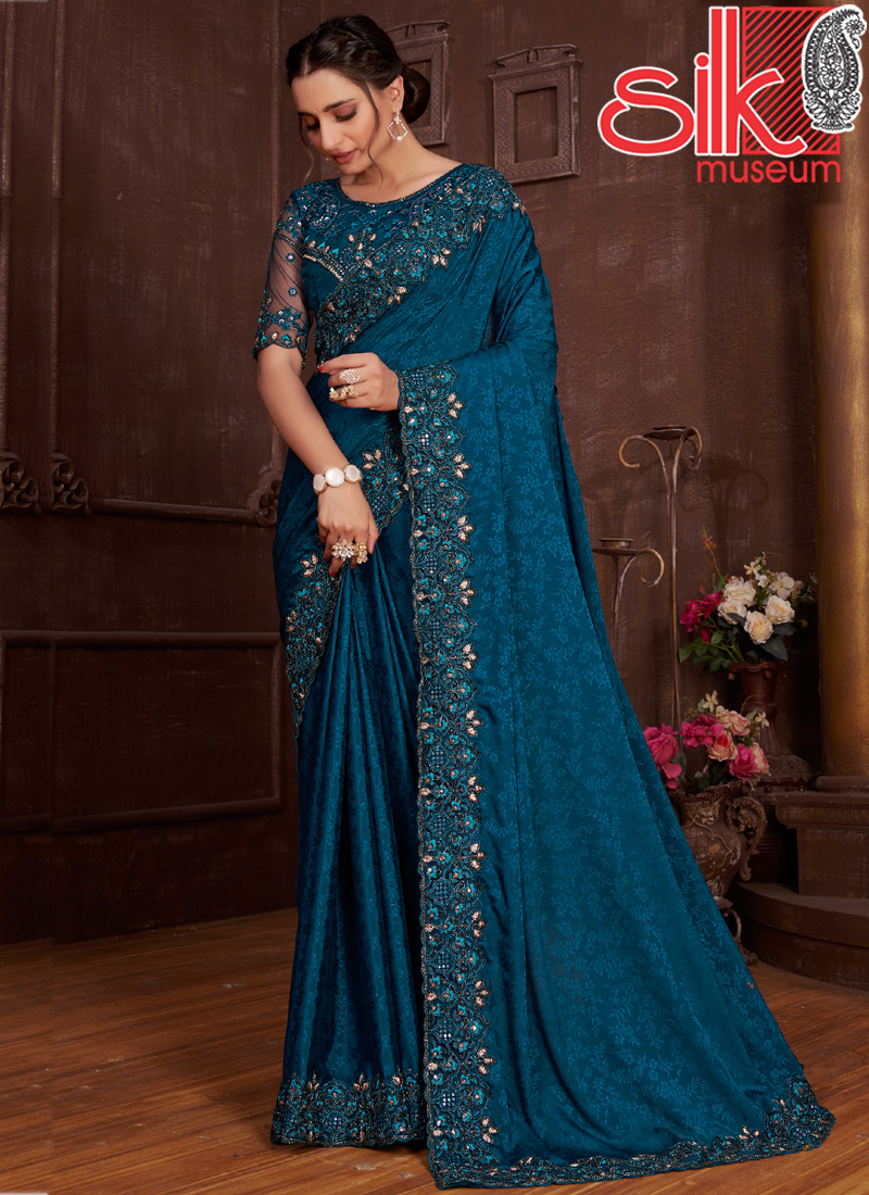 15006 Morpich Chinon Saree Jacquard Self Design With Embroidery Work