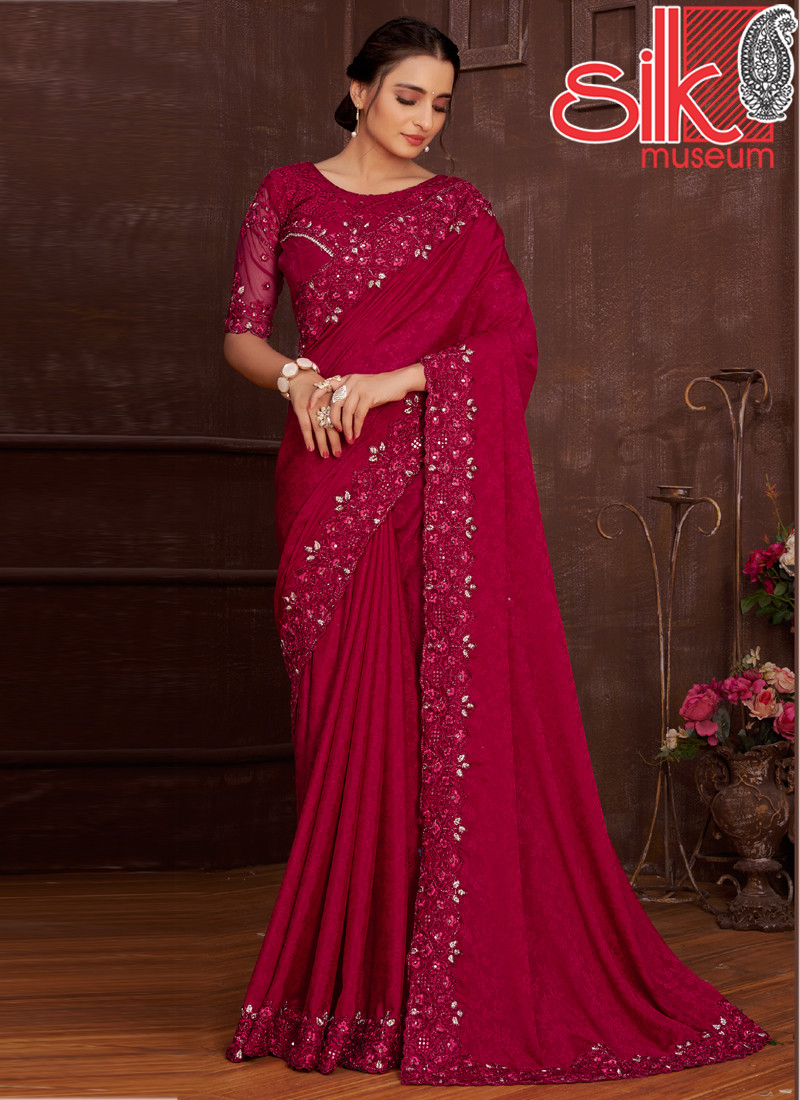 15008 Magenta Chinon Saree Jacquard Self Design With Embroidery Work