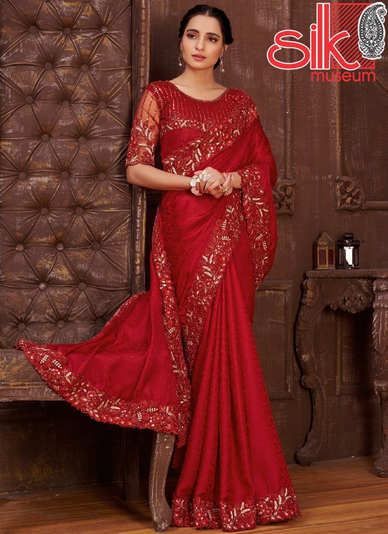 15009 Red Satin Saree Jacquard Self Design With Embroidery Work