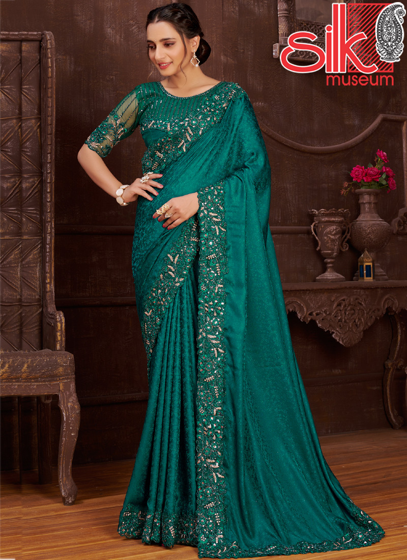 15010 Rama Green Satin Saree Jacquard Self Design With Embroidery Work