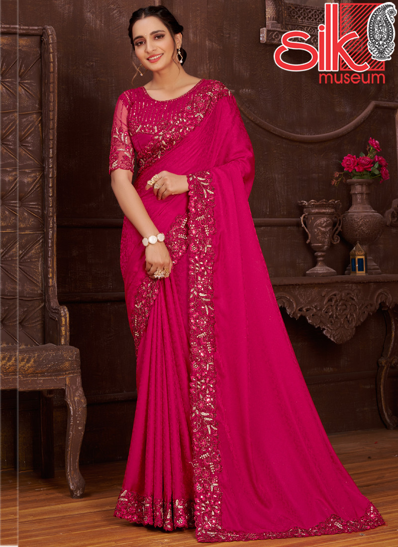 15011 Fuchsia Satin Saree Jacquard Self Design With Embroidery Work