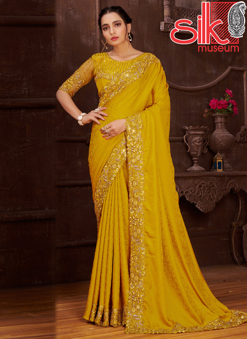 15012 Yellow Satin Saree Jacquard Self Design With Embroidery Work