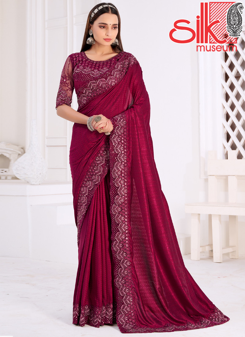 15016 Dark Pink Chennai Silk Saree Jacquard Self Design With Embroidery Work