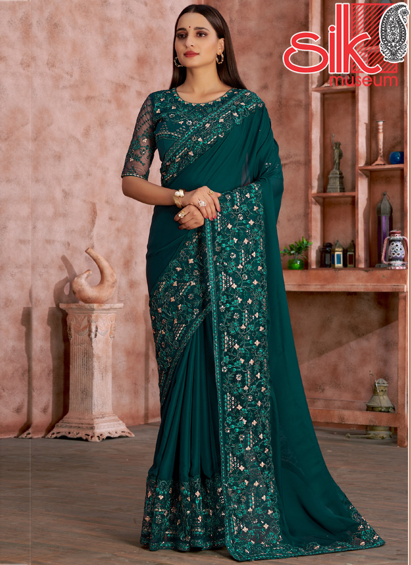 15017 Rama Green Satin Georgette Saree With Embroidery Work