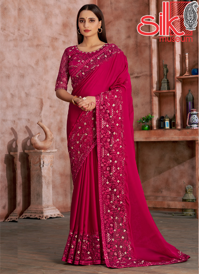 15020 Magenta Satin Georgette Saree With Embroidery Work