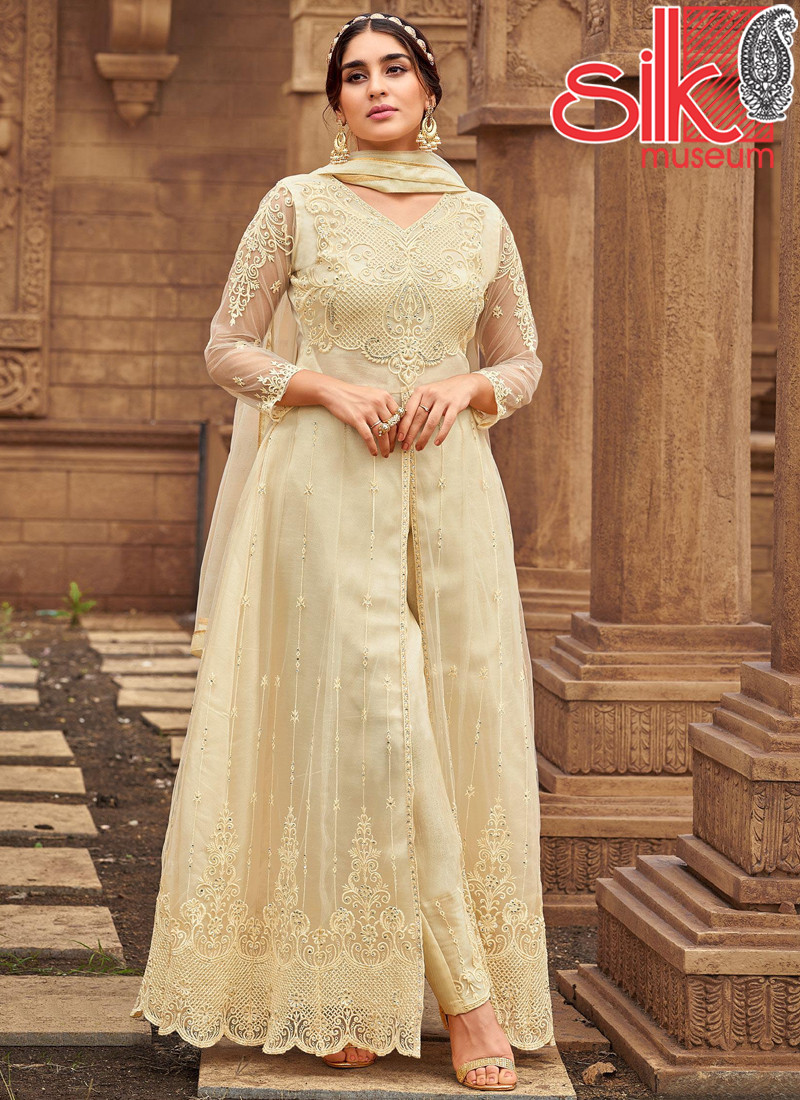 Cream Net & Satin Suit With Embroidery & Diamond Work