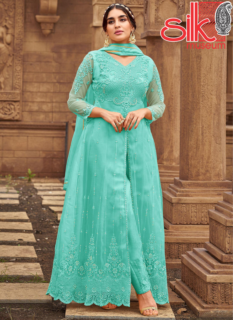 15024 Turquoise Net & Satin Suit With Embroidery & Diamond Work