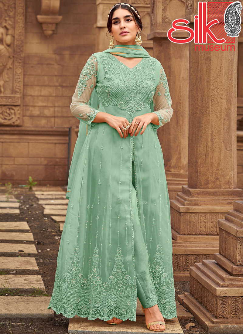 15027 Pista Net & Satin Suit With Embroidery & Diamond Work