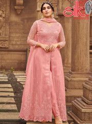 Peach Net & Satin Suit With Embroidery & Diamond Work