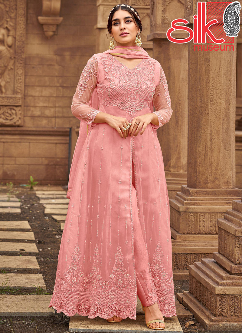 15028 Peach Net & Satin Suit With Embroidery & Diamond Work