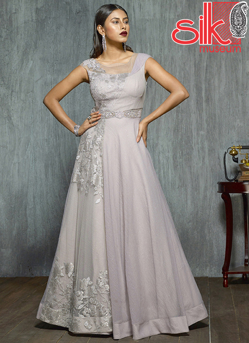 15029 Grey Gown Net & Santoon Fabric With Stone, Thread & Sequins Work