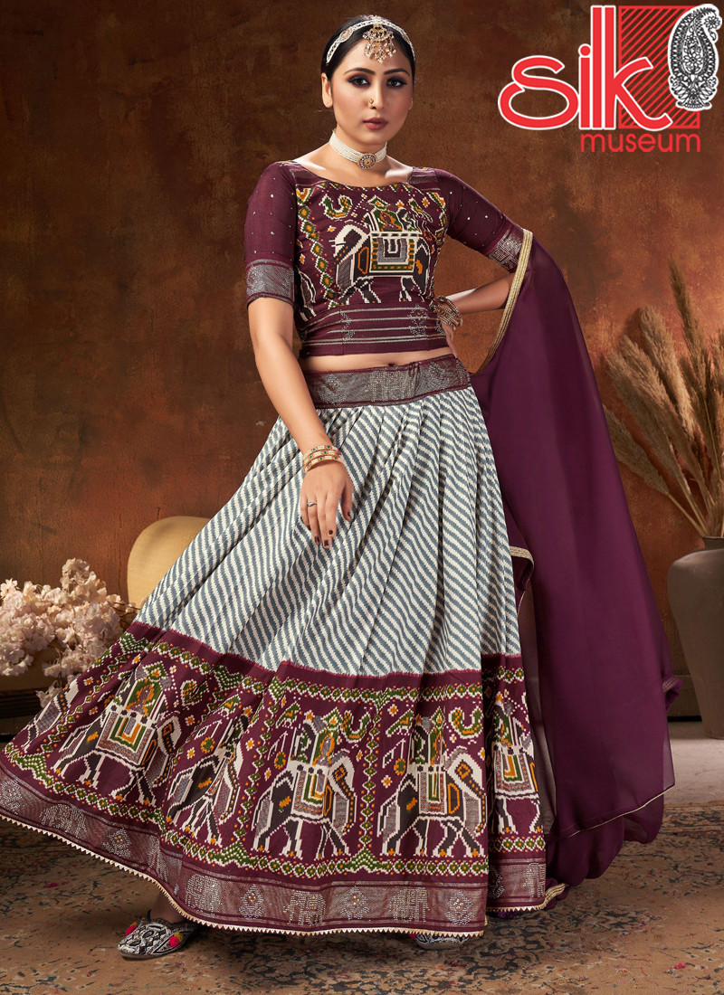 15035 Wine Lehenga Choli Velvet Tushar Silk With Digital Patola Printed,Swarovski Work