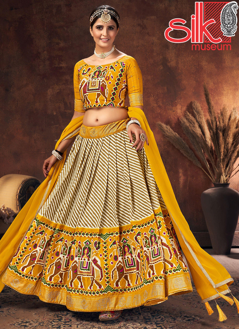 15036 Yellow Lehenga Choli Velvet Tushar Silk With Digital Patola Printed,Swarovski Work