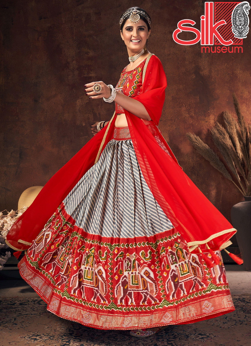 15038 Red Lehenga Choli Velvet Tushar Silk With Digital Patola Printed,Swarovski Work
