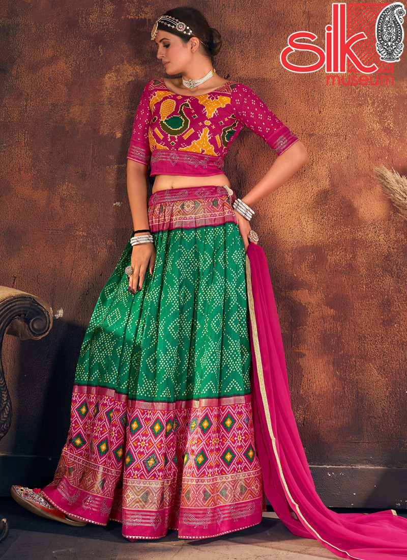 15044 Pink-Green Lehenga Choli Velvet Tushar Silk With Digital Patola Printed,Swarovski Work