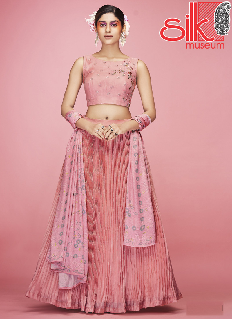 15045 Peach Lehenga Choli Art Silk, Satin With Crush, Thread & Hand Work