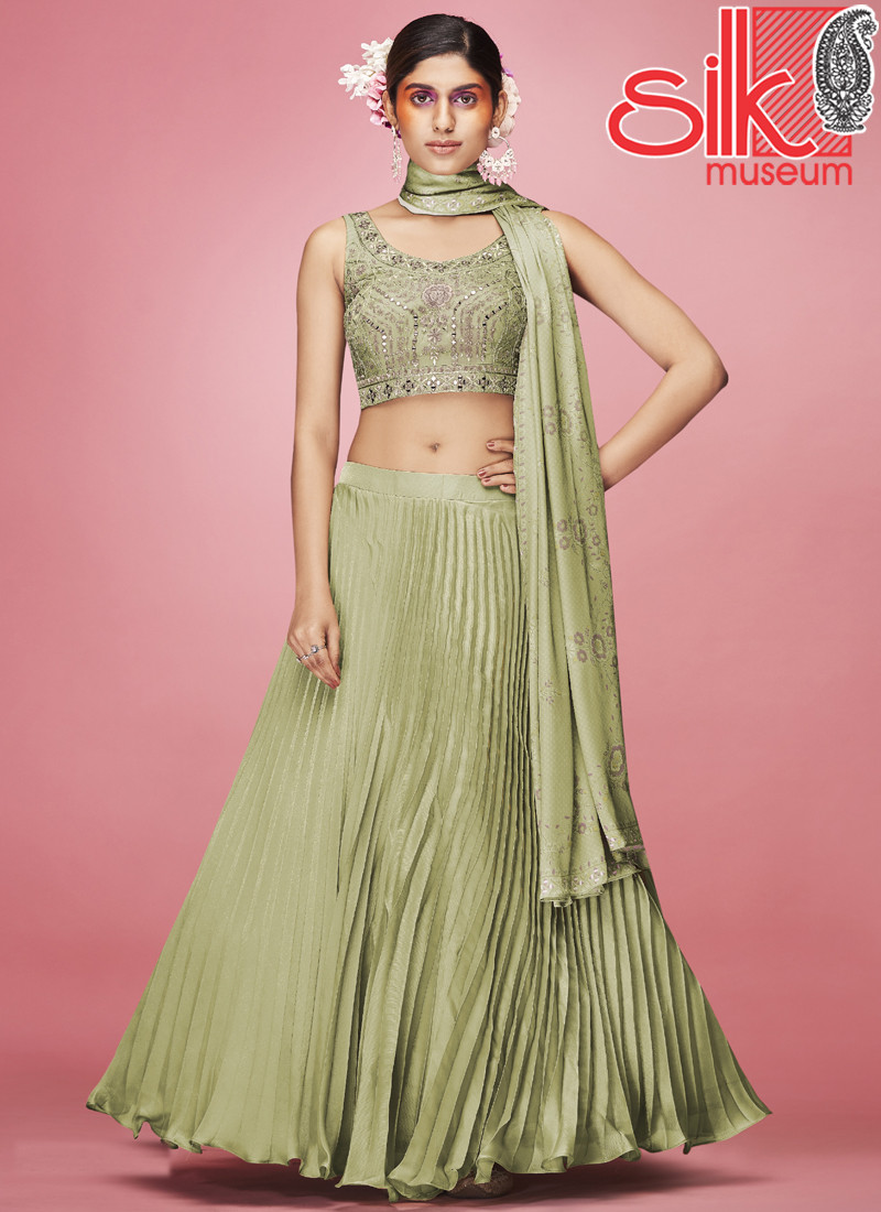 15047 Olive Lehenga Choli Art Silk, Satin With Crush, Thread & Hand Work
