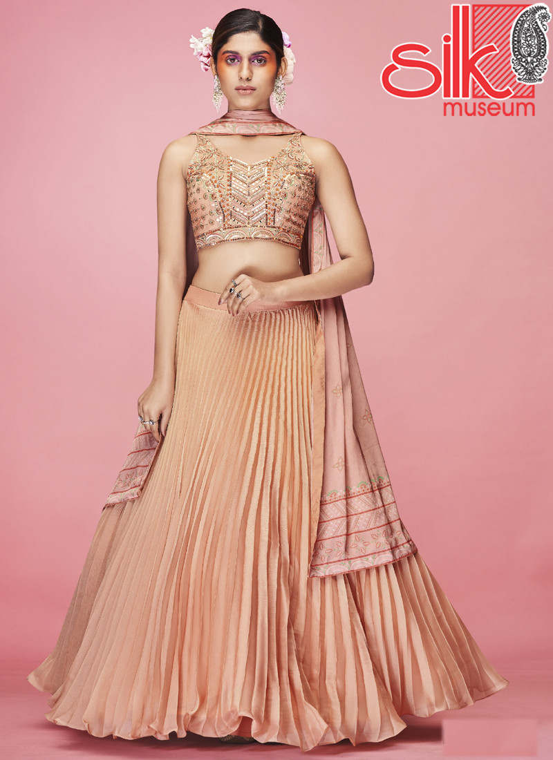 15048 Orange Lehenga Choli Art Silk, Satin With Crush, Thread & Hand Work