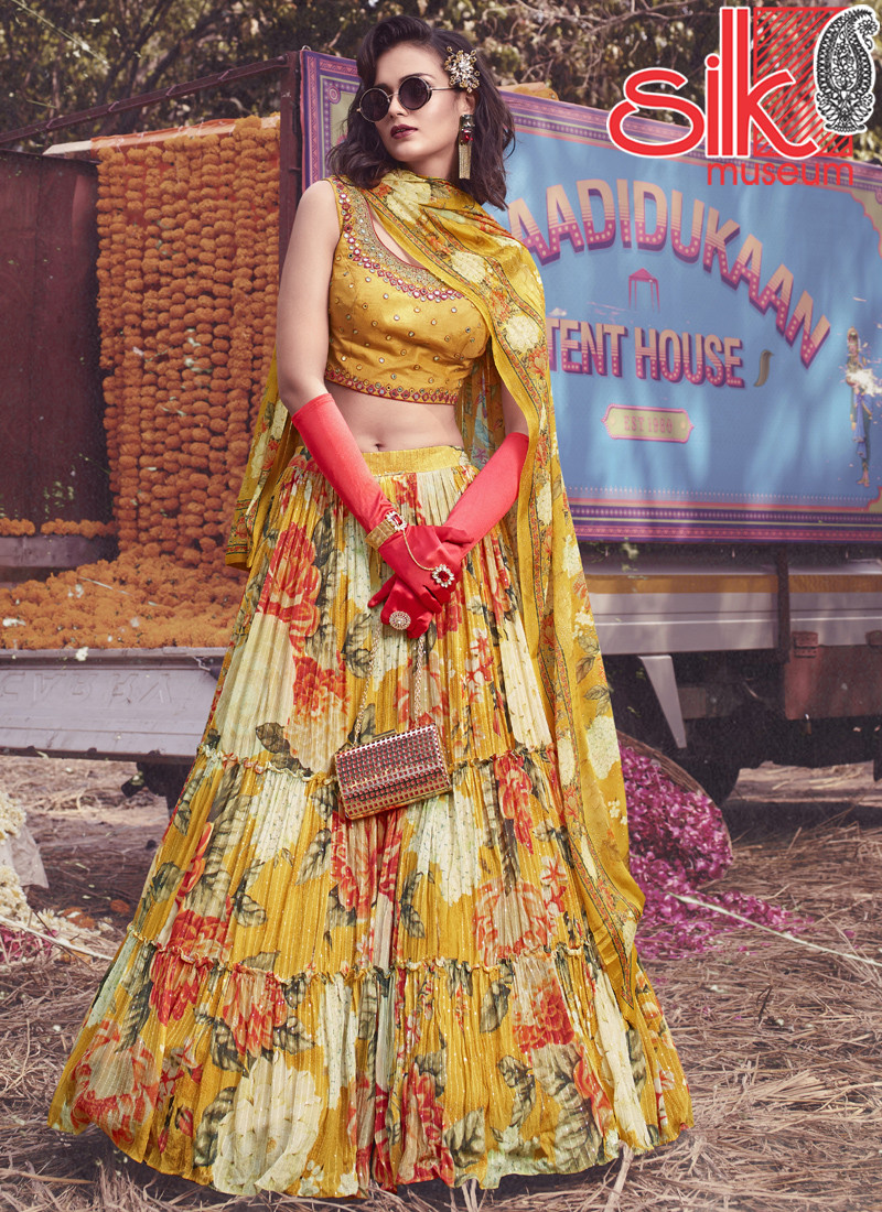 15050 Yellow Lehenga Choli Art Silk,Chinon Thread & Hand Work