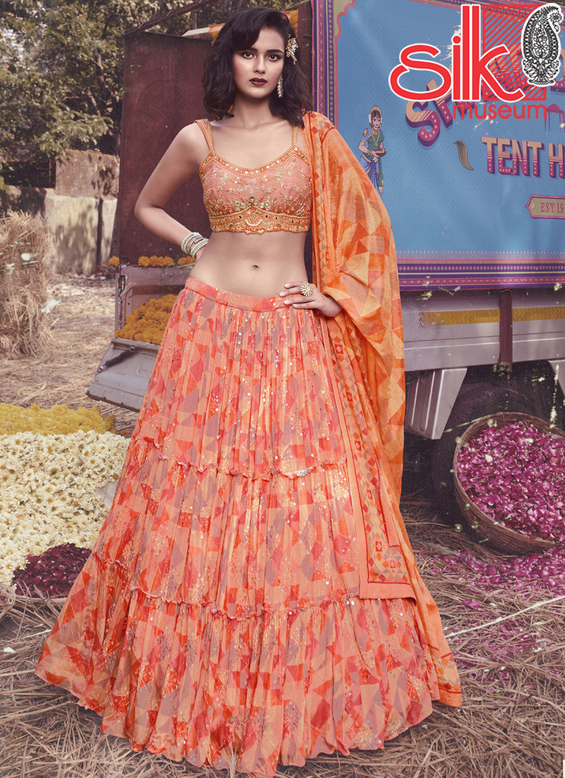 15052 Peach Lehenga Choli Chinon With Thread & Hand Work