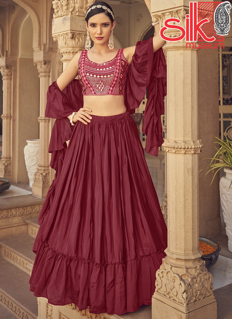 15058 Maroon Art Silk, Chinon Lehenga Choli With Thread & Mirror Work