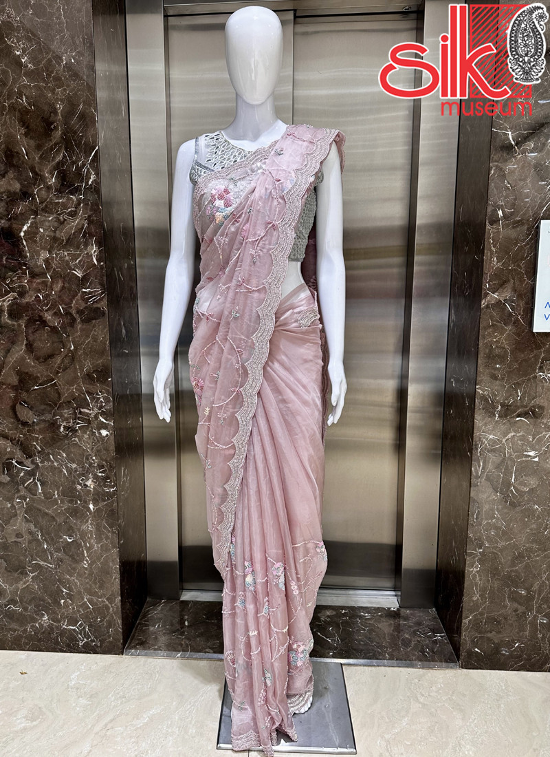 15089 Pink Antique Work With Organza Fabrics Sarees