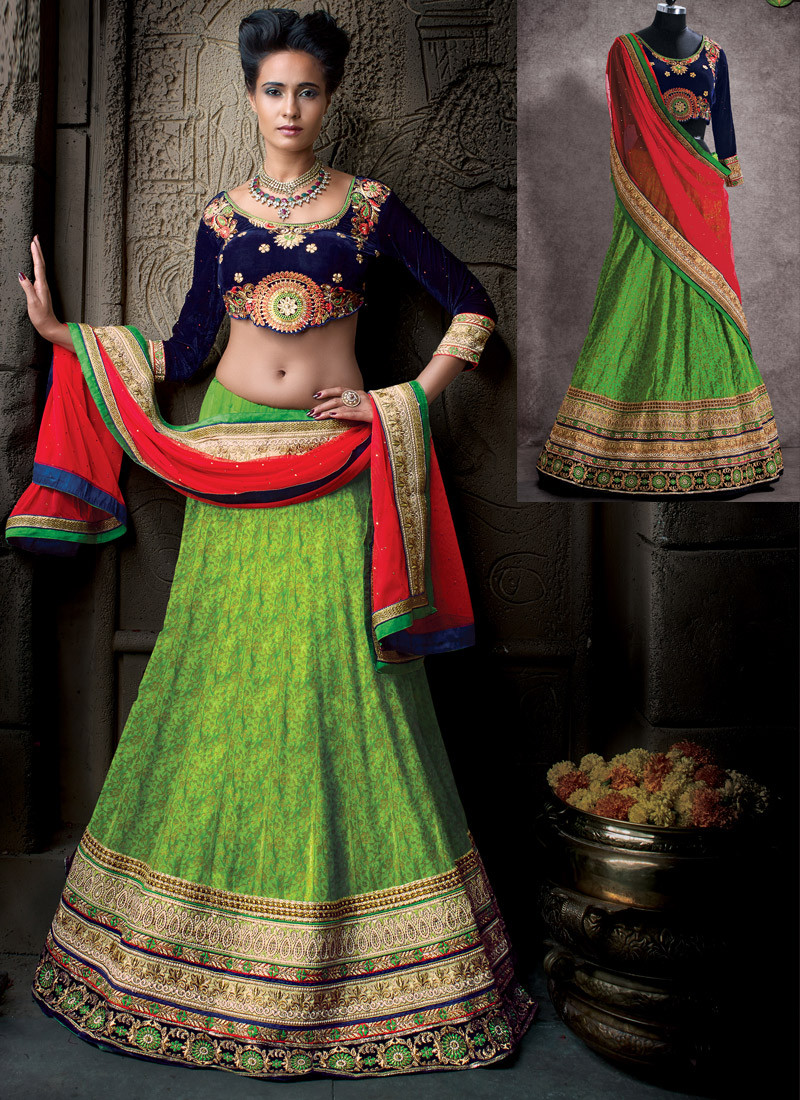 9842 Jazzy Green Color Banarasi Silk,Jacquard With Velvet Designer A Line Lehenga Choli