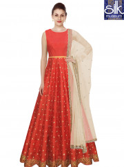 Attractive Tomato Red Color Banglori Silk New Designer Floor Length Anarkali Gown