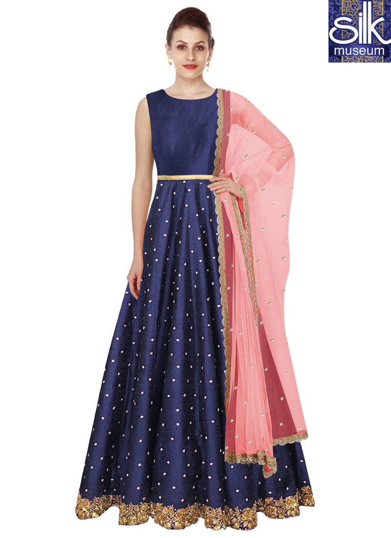 Delightful Navy Blue Color banglori Silk New Designer Floor Length Anarkali Gown