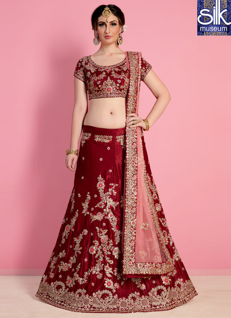 Adorable Maroon Color Silk Velvet New Designer Wedding Wear A Line Lehenga Choli