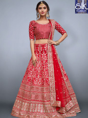 Sparkling Red Color Art Silk Designer Wedding Wear A Line Lehenga Choli