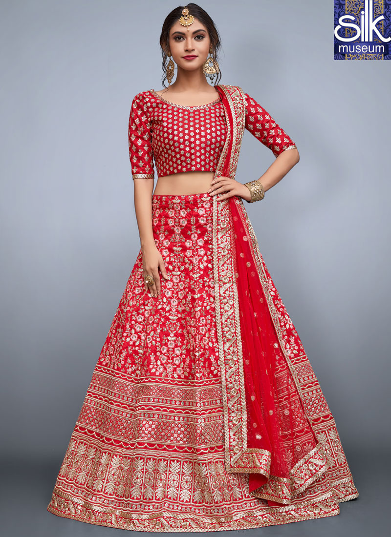 Sparkling Red Color Art Silk Designer Wedding Wear A Line Lehenga Choli