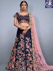 Magnetic Navy Blue Color Velvet Silk New Designer Wedding Wear A Line Lehenga Choli