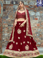 Delightful Maroon Color Velvet Silk New Designer Wedding Wear A Line Lehenga Choli