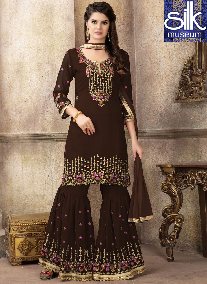 Superb Brown Color Georgette New Designer Party Wear Pakistani Style Garara Suit