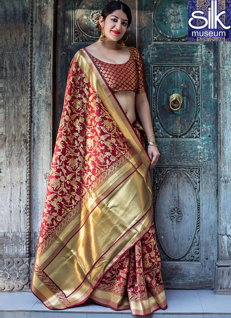 Divine Maroon Color Banarasi Silk Designer Party Wear Traditional Saree
