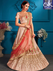 Adorable Peach Color New Designer Satin Silk Wedding Wear A Line Lehenga Choli