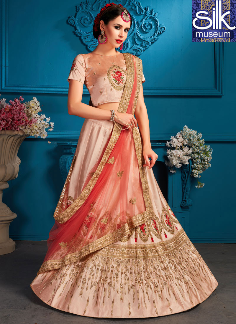 Adorable Peach Color New Designer Satin Silk Wedding Wear A Line Lehenga Choli