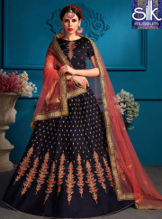 Beautiful Blue Color Satin Silk New Designer Wedding Wear A Line Lehenga Choli