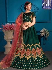 Delightful Green Color Satin New Designer Party Wear A Line Lehenga Choli