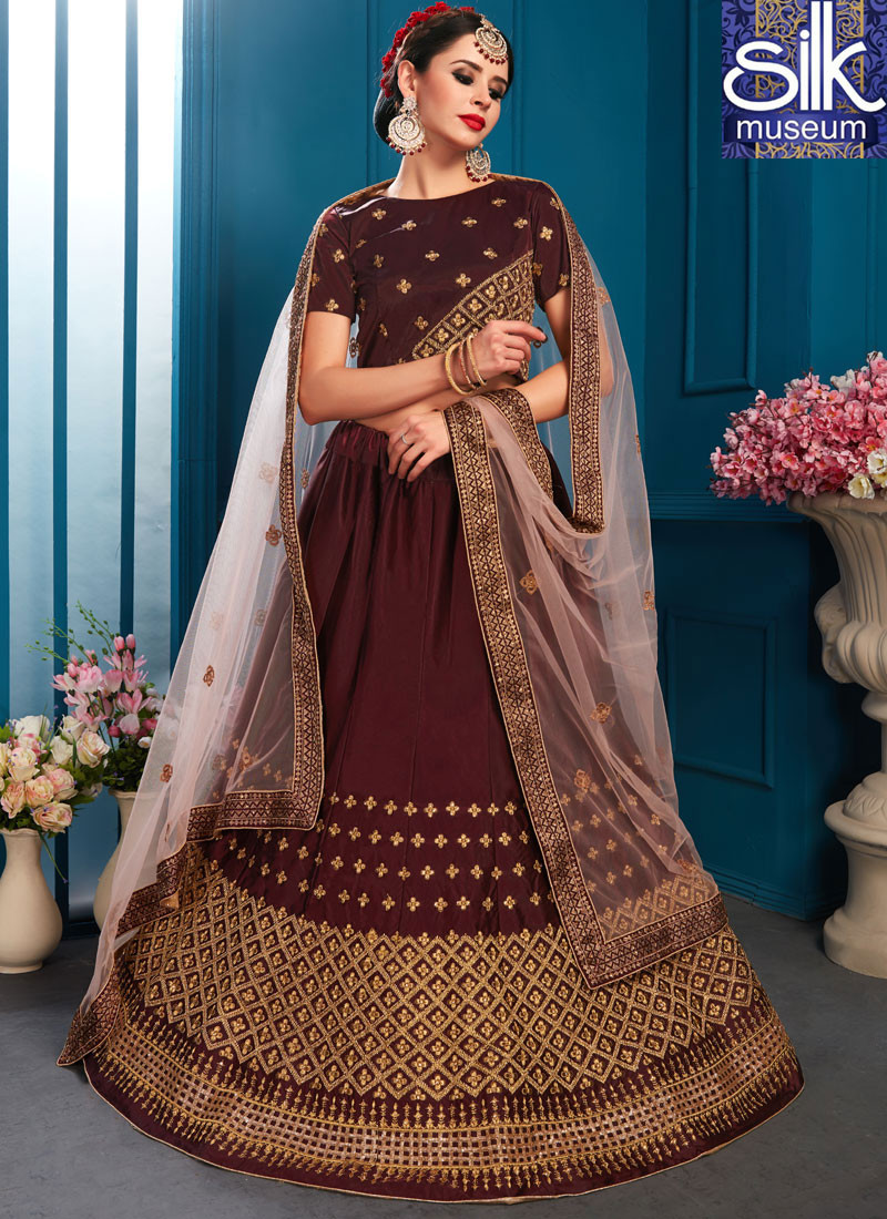 Divine Brown Color Satin New Designer Wedding Wear A Line Lehenga Choli