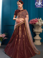 Stunning Brown Color Satin Designer Wedding Wear A Line Lehenga Choli