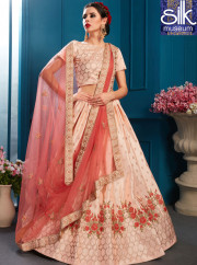 Magnetic Peach Color Satin Fabric New Designer Wedding Wear A Line Lehenga Choli