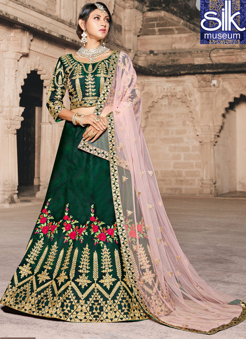 Awesome Green Color Tafeta Silk New Designer Bridal Wear A Line Lehenga Choli