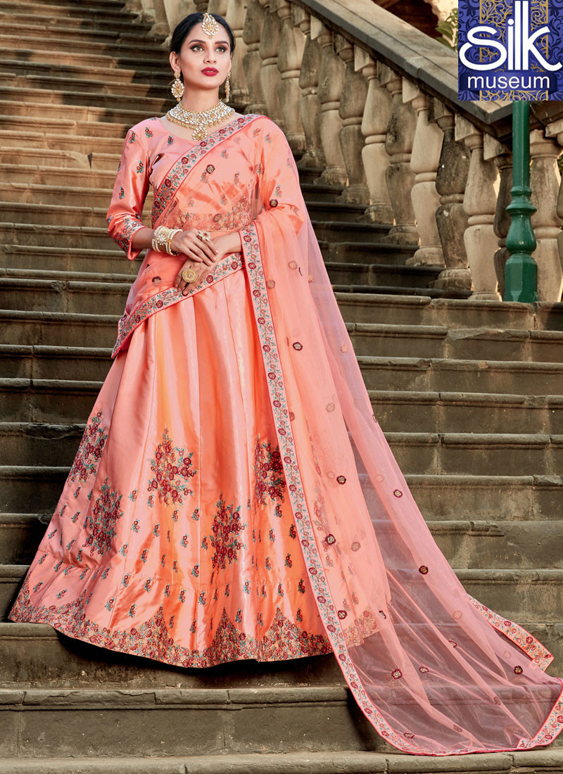 Speechless Peach Color New Satin Fabric Embroidered Wedding Wear A Line Lehenga Choli