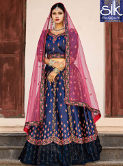 Adorable Navy Blue Color Pure Satin Embroidered Designer Wedding Wear Lehenga Choli