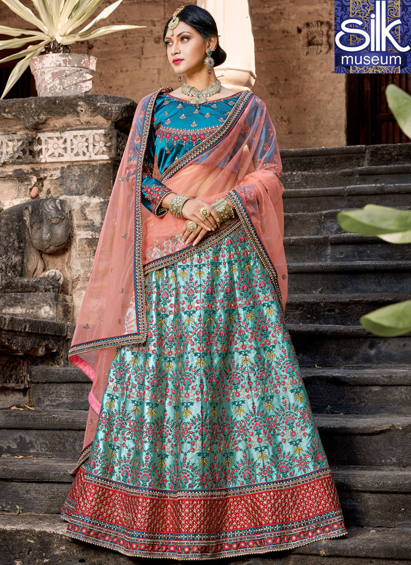 Splendorous Blue Color New Satin Fabric Designer Wedding Wear A Line Lehenga Choli